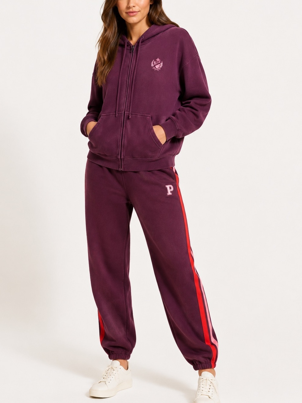 Victorias Secret Hoodie Sweatpants Sweatsuit Set Fleece Jogger Pink Red Size Xs